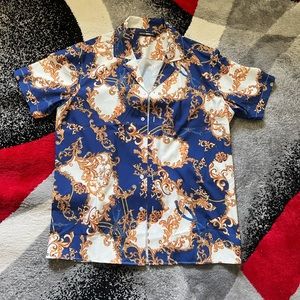 Blue Gold and White Shirt, from FashionNova. Large elegant looking! Never worn!